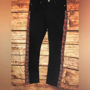 Black jeans with red and white tweed stripes